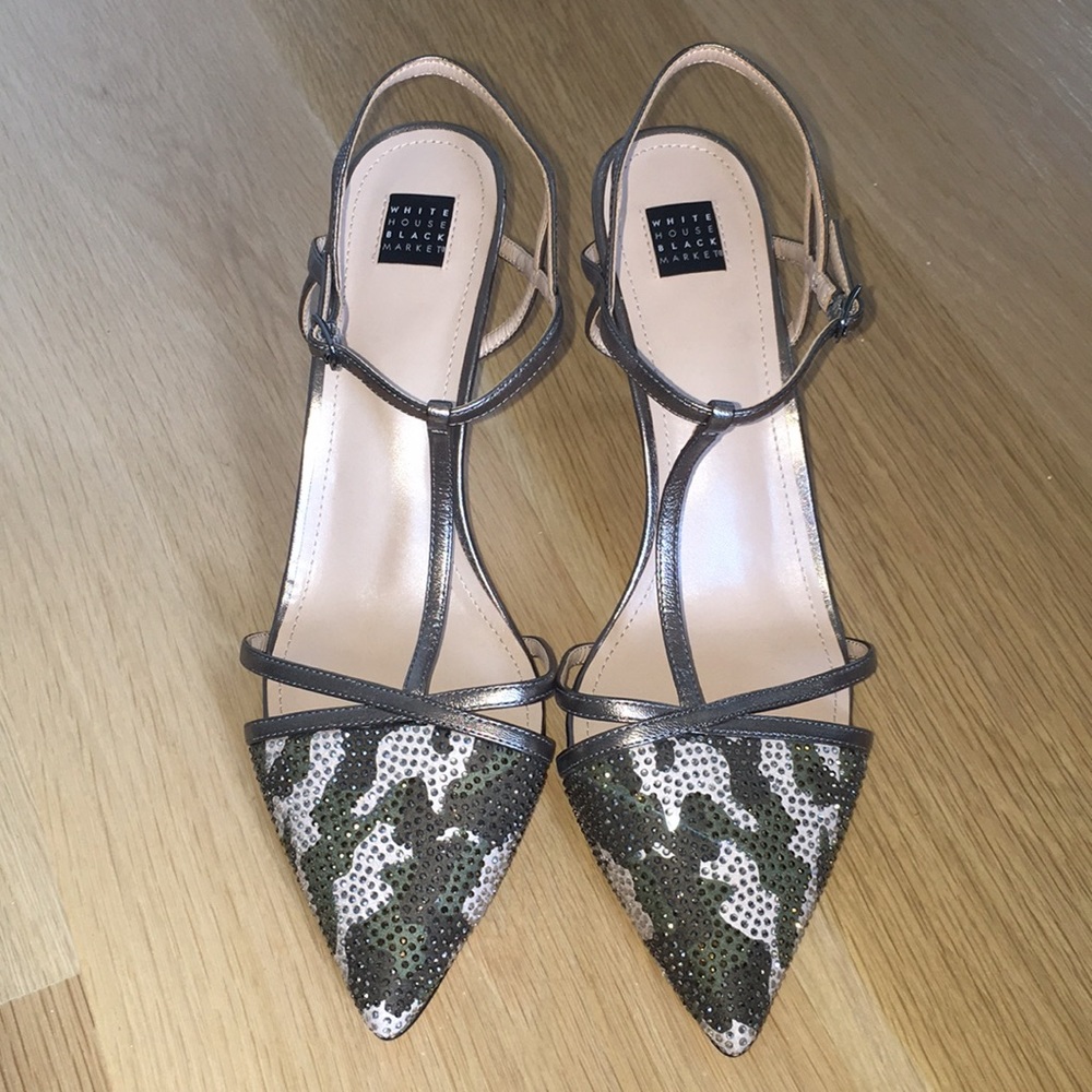 White House Black Market Camouflage Strappy Mid-Heel Sandals